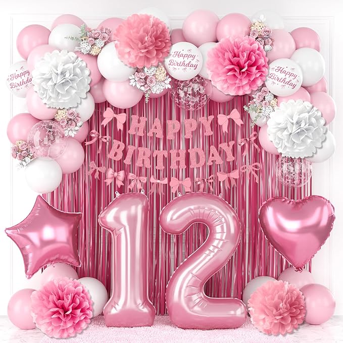 12th Birthday Decorations for Girls Pink Number 12 Balloon Bow Coquette Happy Birthday Banner Fringe Curtain Paper Pom Poms Star Heart Foil Pink White Balloons 21 Year Old Party Decor