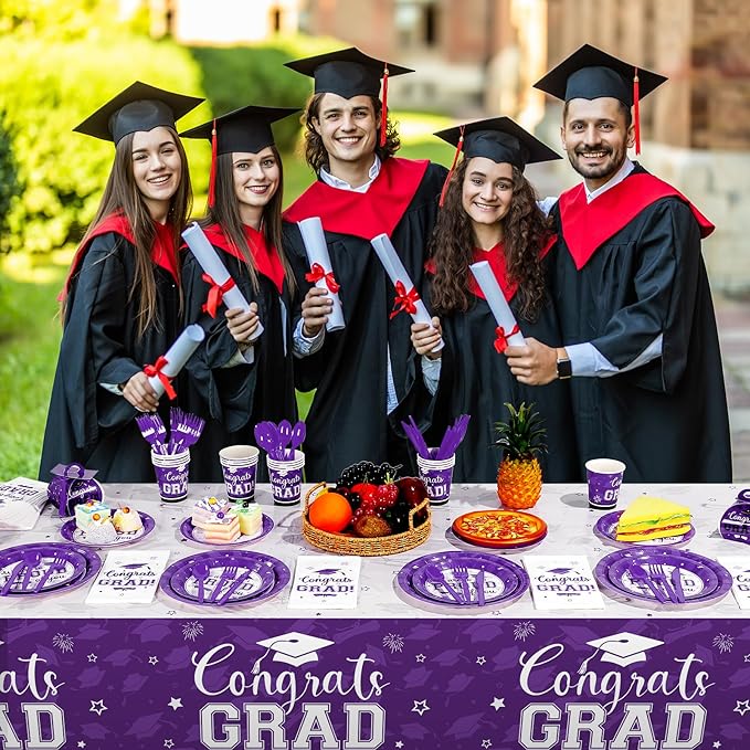 Graduation Party Supplies Congrats Grad Plates and Napkins Set Serve 50, Disposable Tableware Paper Plates Napkins Cup Knive Spoon Fork Straw for Class of 2026 Graduation Party Decorations Purple