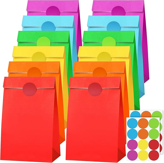 Cooraby 30 Pack Rainbow Gift Bags Candy Paper Bags with Stickers 5.1 x 3.1 x 9.4 Inches Snack Sweet Craft Bags for Birthday Wedding Party Anniversaries with 48 Stickers