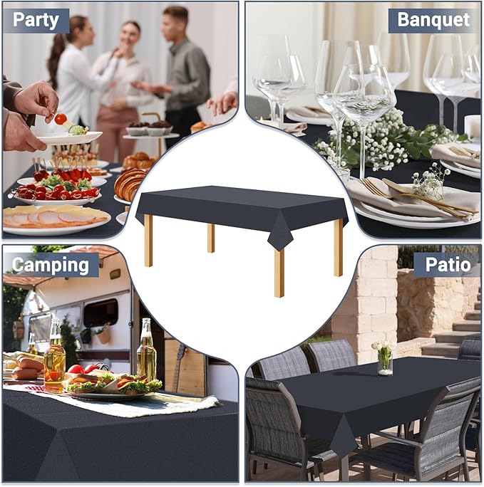Black Disposable Tablecloth for Rectangle Tables 10 Pack, 54''×108'' Paper Table Cloth for 3-9 Ft Tables, Paper & Plastic Party Table Cover for Birthday, Outdoor, Wedding, Banquet