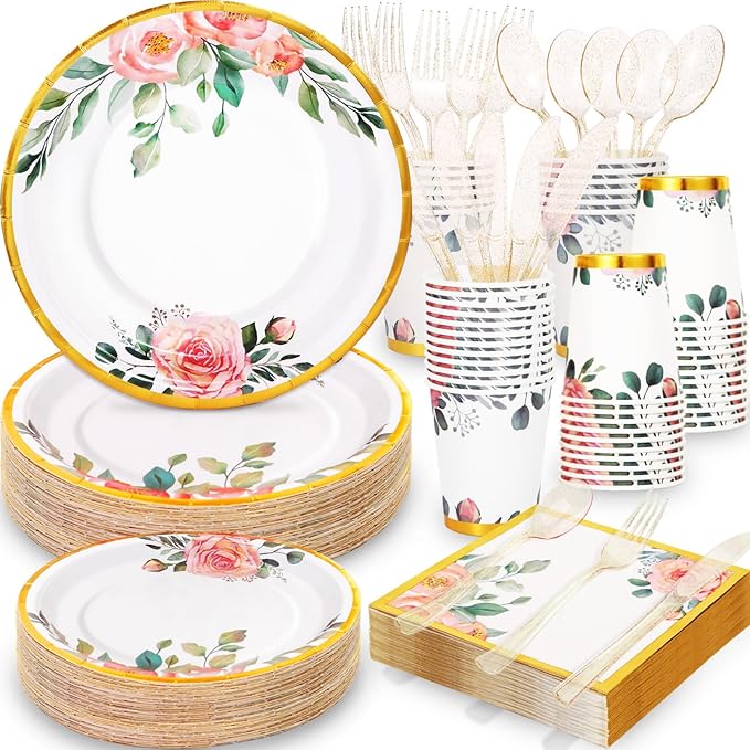 350PCS Floral Paper Plates Set, Disposable Plates With Gold Rim Serve 50 Guests, Party Supplies for Adults Garden Tea Party Bridal Shower Decorations