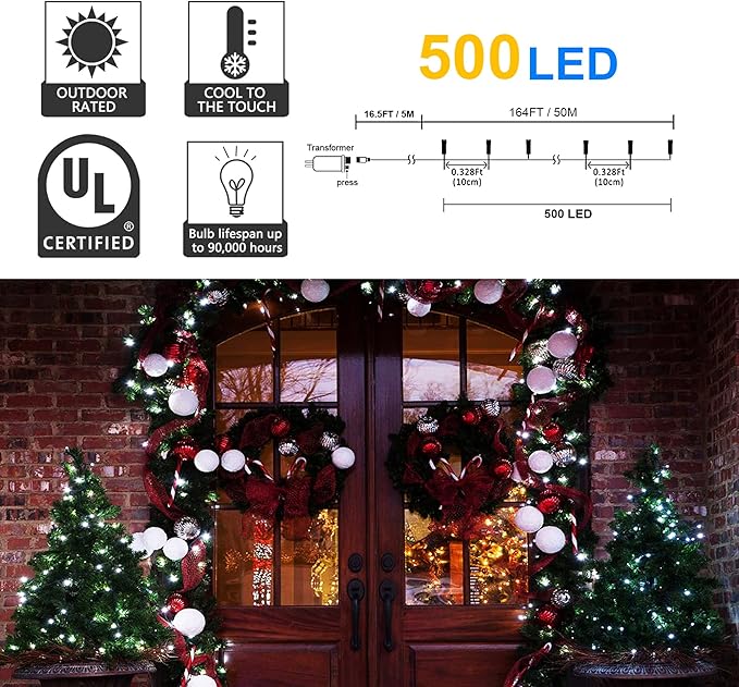 164Ft 500 LED White Christmas Lights, Waterproof 8 Twinkle with Memory Functions Christmas Tree Lights for Indoor Outdoor Christmas Tree Garden Decoration (164FT, White)