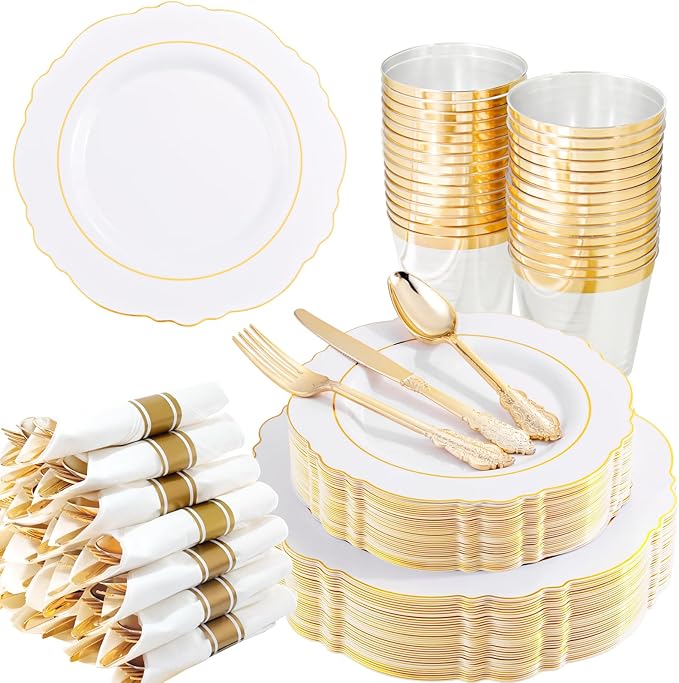 Liacere 350PCS Gold Plastic Plates-Disposable White and Gold Plates 50guest Baroque Plastic Dinnerware include 100Plates, 50Pack Pre Rolled Napkins with Silverware 50Cups for Wedding & Easter Day