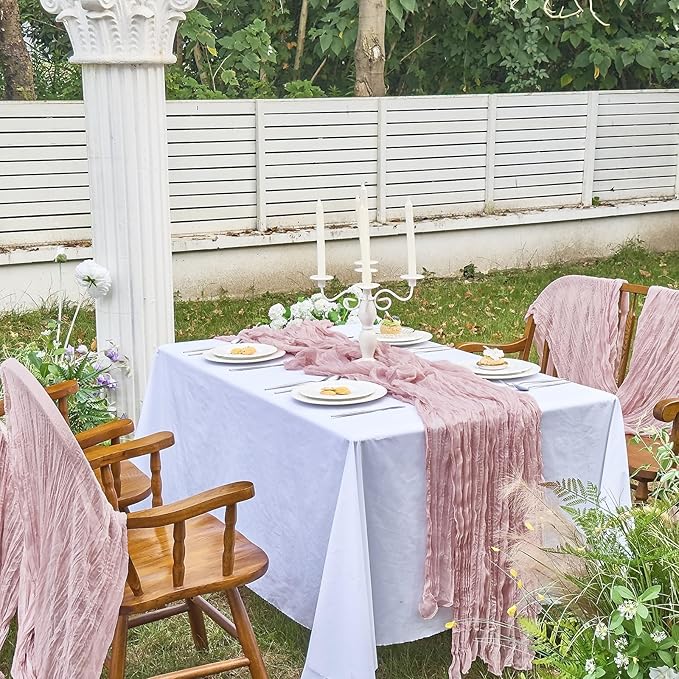 IVAPUPU 4 Pcs Cheesecloth Table Runner - 10ft Dusty Pink Easter Spring Boho Gauze Cheese Cloth Table Runners for Baby Shower Decoration Wedding Party Summer Garden Farmhouse Decor