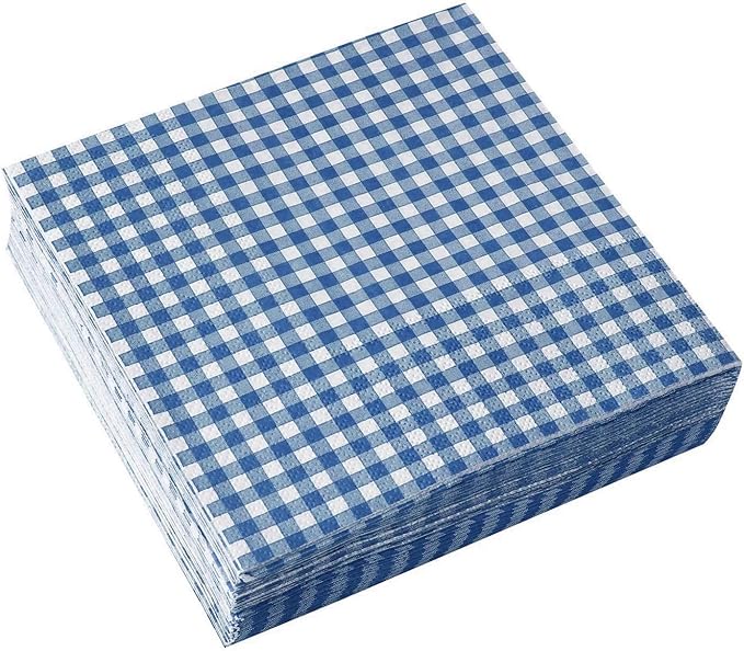 Gatherfun Disposable Paper Napkins Blue and White Gingham for Dinner Picnic and Parties (Pack of 50)