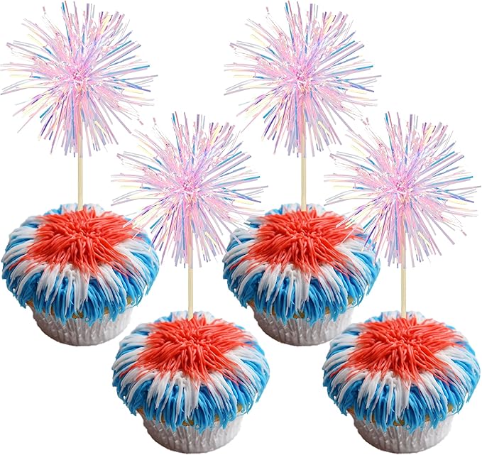 Gyufise 30Pcs Foil Firework Cupcake Toppers Sparkle Tinsel Cake Toppers Tinsel Drink Cake Decoration Cocktail Picks for Birthday Wedding Graduation Party Supplies Laser Pink