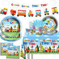 Chuagaa Chugga Two Two 142PCS Birthday Decoration Train Paper Plates Tableware Set - Transportation Table Cloth Banner Cups for 2nd Birthday Train Party Supplies