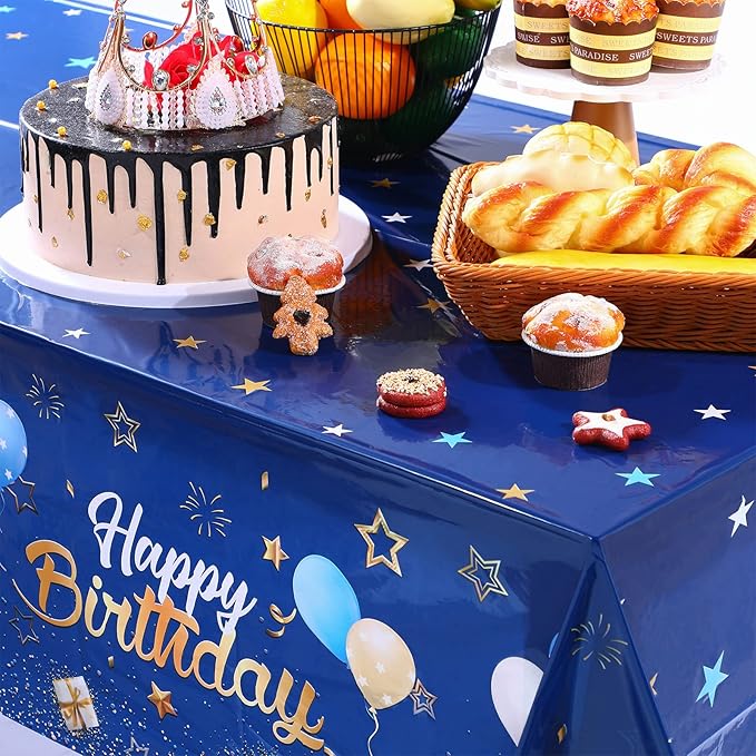 Tegeme Navy Blue Party Supplies Stars Happy Birthday Tablecloths Starry Confetti Table Covers for Kids Boys Girls Baby Shower Birthday Party Decorations(Navy Blue and Gold,2 Pack)
