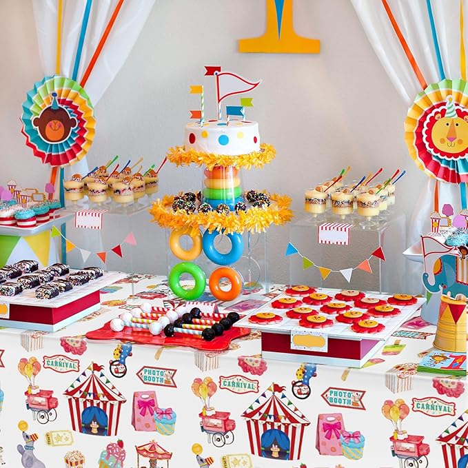 2 Pack Circus Carnival Theme Tablecloth 54 x 108 Inch Disposable Plastic Waterproof Table Cloths Circus Theme Party Decorations Tablecover for Carnival Night Movie Happy Birthday Party Supply