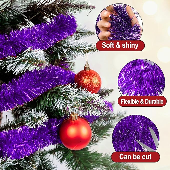 50 Feet Purple Christmas Tinsel Garland, Metallic Foil Twist Garland Wall Hanging Tinsel Banner Backdrop for Parade Floats, Easter, Mother's Day, Wedding Party Decorations (2in x 50ft)