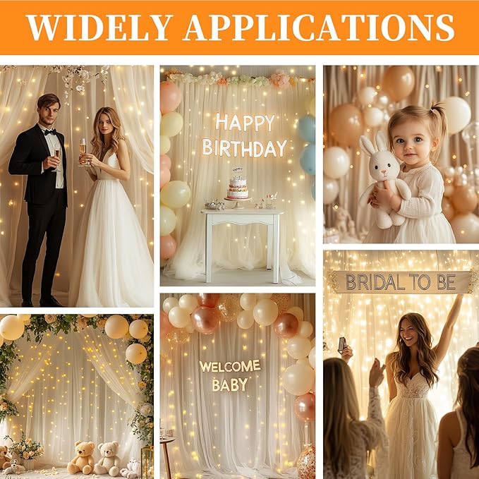 10x10ft Ivory Tulle Backdrop Curtain with String Lights, Wrinkle-Free Sheer Wedding Backdrop for Birthday Parties, Baby Showers, Bridal Showers, Photo Shoots and Home Decorations, Ivory