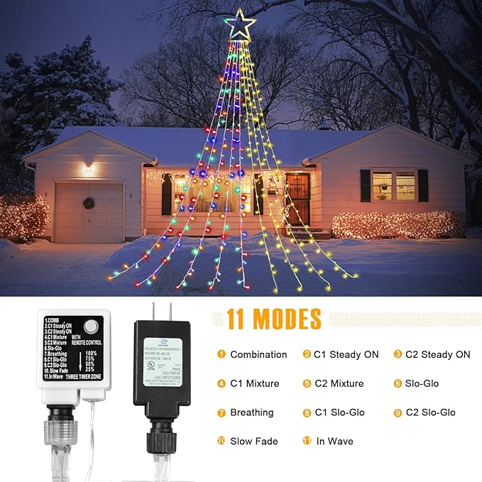 PUHONG Color Changing Christmas Lights, 4 in1 Outdoor Star String Lights, 320 LED Christmas Decoration Lights [11 Modes & Waterproof & Remote] for Halloween Xmas New Year Holiday (Warm+Multicolor)