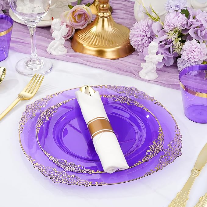 350 PCS Purple and Gold Plastic Plates, Disposable Dinnerware Set for 50 Guests, 100 Disposable Plates, 150 Silverwares, 50 Cups, 50 Napkins for Party, Wedding, Graduation