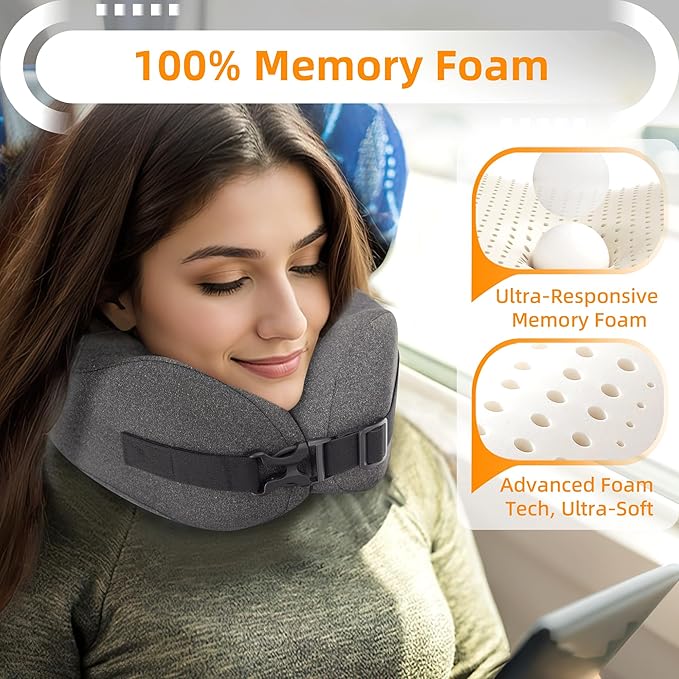 Neck Pillow Airplane Travel Set - Pure Memory Foam Travel Neck Pillow, Plane Pillow for Long Flights Essentials, Sleeping with 3D Contoured Eye Mask, Earplugs, Portable Bag (Darkgray-M)