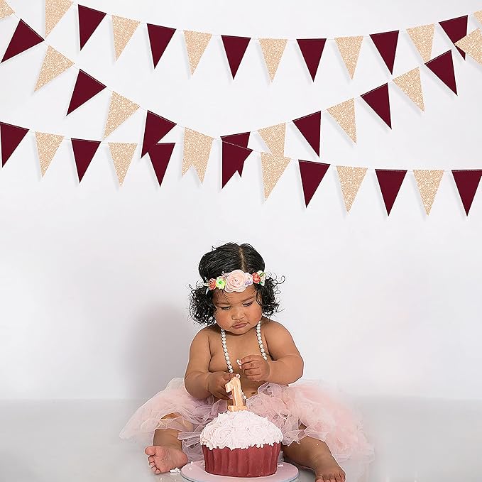 Burgundy Party Decorations Maroon Champagne Gold Triangle Banner Flag Bunting Pennant for Birthday Engagement Wedding Bridal Shower Baby Shower Anniversary Bachelorette Hen Party Decorations Supplies