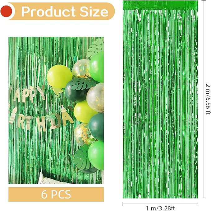 6 Pack Green Foil Curtain Backdrop 3.2ft x 6.6ft Metallic Tinsel Fringe Backdrop Curtains Streamer Photo Booth Backdrop for Birthday Engagement Bachelorette Christmas Holiday Party Decorations