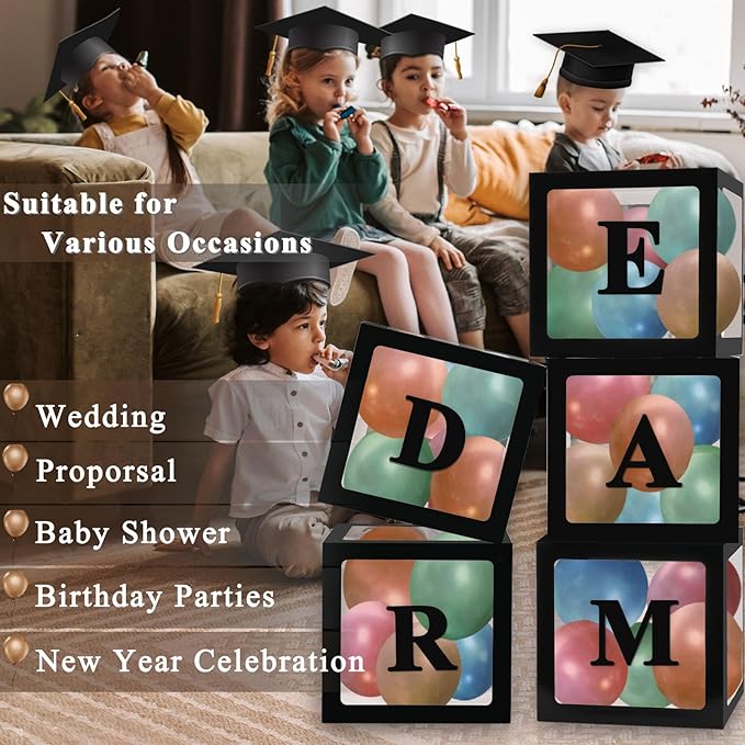 Ledido Black Transparent Balloon Boxes With 78 Letters, Letter Box for Baby Shower Clear Baby Box Black Balloon Boxes for Birthday, Bridal Shower, Graduation Prom Party Decoration, 5 PCS
