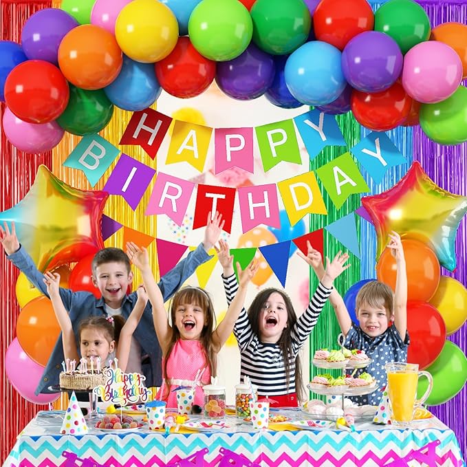 Rainbow Birthday Decorations for Kids, Colorful Party Decor Assorted Color Latex Foil Balloons Fringe Backdrop Happy Birthday Banner Cake Toppers for Boys Girls Carnival Circus Party Supplies