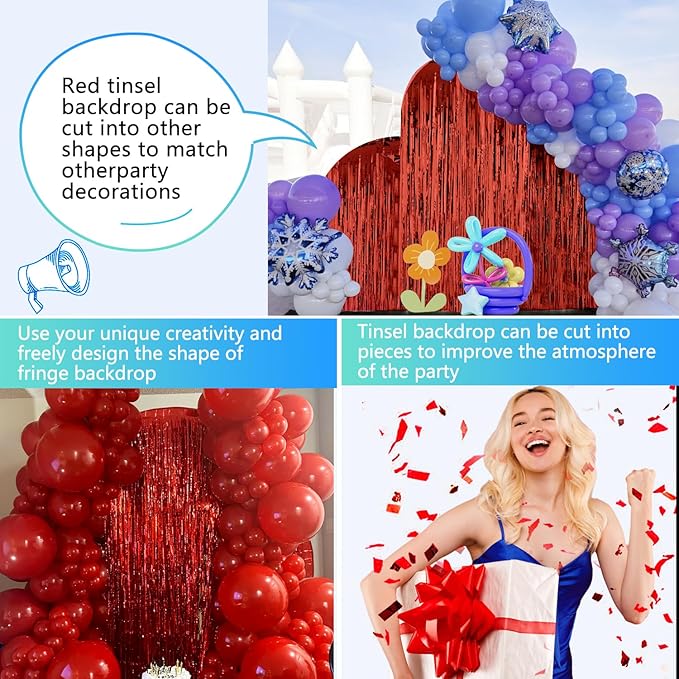 2 Pack Red Streamers Party Backdrop Foil Fringe Curtains Photo Booth Props for Birthday Christmas Wedding Carnival Casino Theme Birthday New Year Holiday Celebration Bachelorette Party Decorations