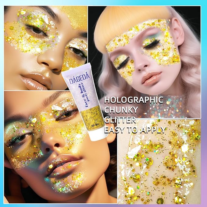 DAGEDA Body Glitter Gel, Face Glitters Body Gel Sequins Shimmer Liquid Eyeshadow, Chunky Glitter for Face Hair Nails, Holographic Cosmetic Laser Powder Festival Glitter Makeup 50ml(Gold
