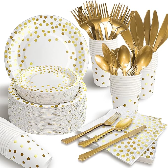 AIRE 175PCS White and Gold Paper Plates Party Supplies for 25 Guests Party Decorations Disposable Dinnerware Paper Plates Cups Napkins Gold Plastic Forks Knives Spoons for Wedding Birthday Graduation