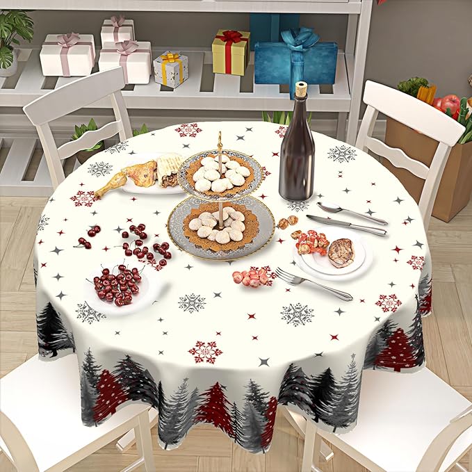 Christmas Snowflake Round Tablecloth Cream Tablecloth 70 Inch Gary and Red Tree Pattern Circle Table Cloth Winter Holiday Table Cover for Home Kitchen Dinning Party Xmas Decor