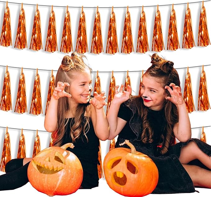 3P Metallic Fringe Tassel Banner Garland Foil Tinsel Streamer Wall Hanging Curtain Backdrop Banner for Parade Floats, Halloween Decorations, Christmas Day, Fall, Thanksgiving Party Decoration(Orange)