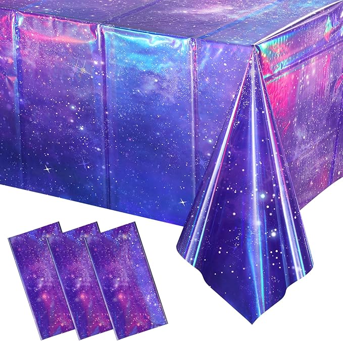 3Pcs Iridescent Space Tablecloths, Disposable Plastic Purple Galaxy Table Cloth Rectangle Table Covers for Space Starry Night Star Theme Party Birthday Party Decorations, 54x108 Inch