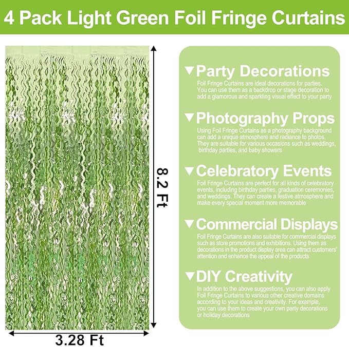 4 Pack Light Green Wave Foil Fringe Curtain Backdrop, 3.28Ft x 8.2Ft Metallic Tinsel Foil Fringe Streamer Curtains for Photo Booth, Mother's Day, Easter, Birthday, Wedding Party Decoration