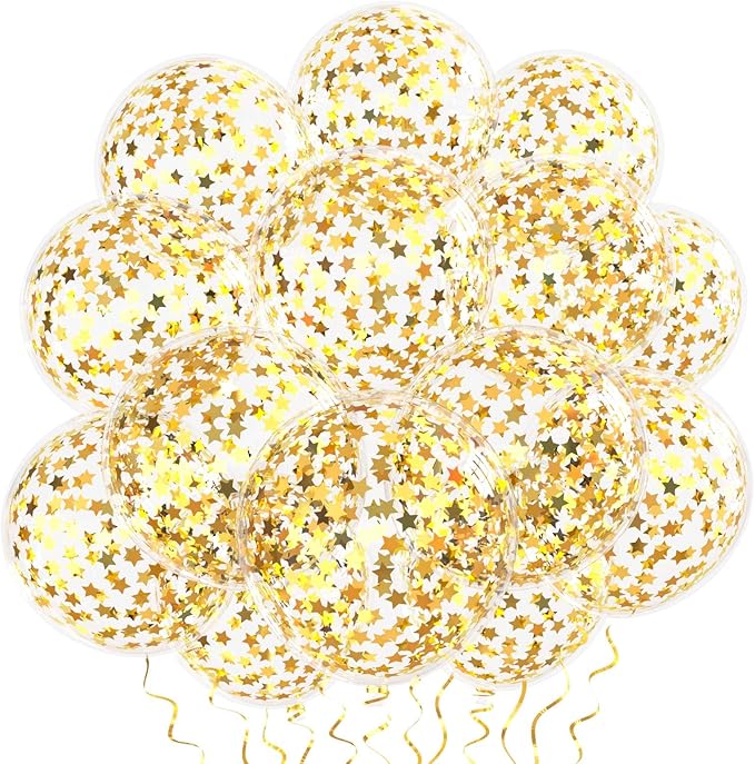 VHUWE 25 Pcs Gold Star Confetti Balloons, 12 Inch Clear Latex Balloon with Confetti Inside for Birthday Party Baby Shower Graduation Engagement Bridal Shower Decorations Supplies - Star Confetti