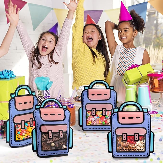EONSUI 30PCS Plastic Cartoon Backpack Shaped Goodies Bags with Handles for Kids Birthday, Back to School Supplies, Baby Shower, Party, Wedding, Reusable Bulk Gift Wrapper for Candy, Snacks, Chocolate
