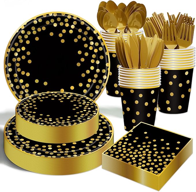 175PCS Black and Gold Paper Plates Party Supplies for 25 Guests Disposable Party Decorations Dinnerware Golden Dot Black Paper Plates Napkins Cups Gold Plastic Forks Knives Spoons for Parties