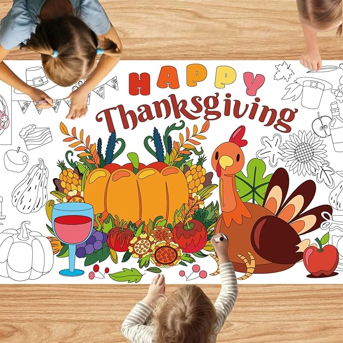 30 x 72 Inches Thanksgiving Giant Coloring Poster/Tablecloth, Paper Table Cover, Jumbo Paper Coloring Banner Games Activities for Kids Gifts, Thanksgiving Party Decorations
