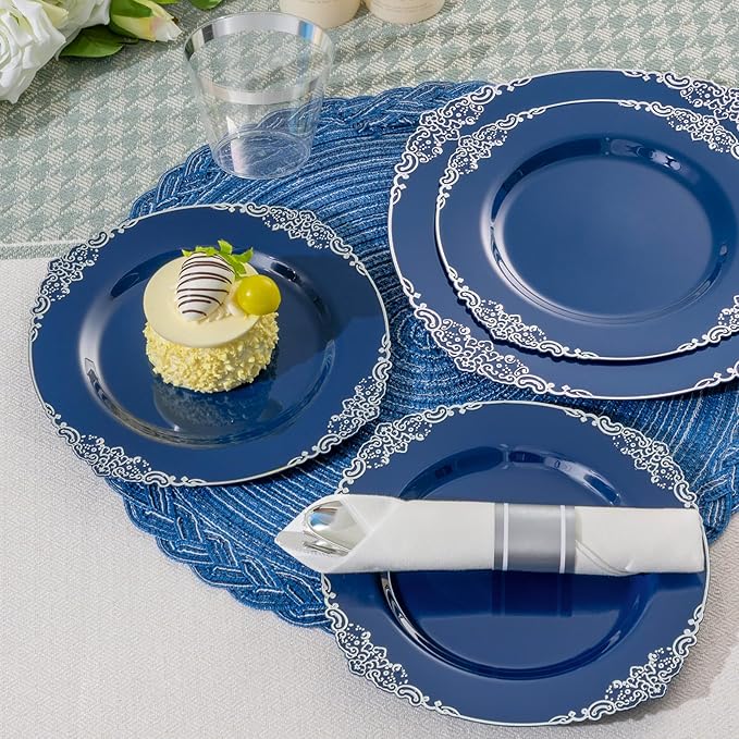 175PCS Navy Blue Plates for 25 Guests, Disposable Dinnerware Sets Include 50 Plastic Plates, 25 Silverwares, 25 Cups, and 25 Pre Rolled Napkins for Party, Wedding and Graduation