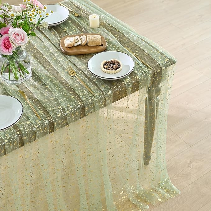 Horaldaily Sage Green Gold Sparkling Star Gauze Tablecloth 60x104 Inch Rectangular, Golden Star Sequin Glitter Metallic Foil, Sheer Tulle Cheesecloth for Wedding Baby Shower Party
