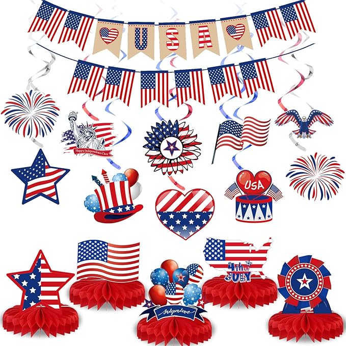 Blosssound 27 Pcs 4th of July Decorations Set Patriotic Party Decor American Flag Banner USA Hanging Swirls Independence Day Honeycomb Table Centerpieces for USA Office Home Memorial Day Supplies