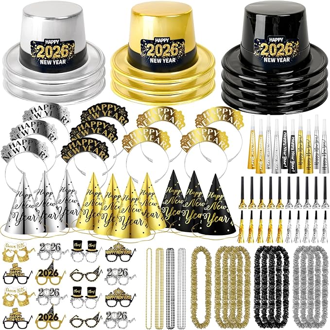 MOVINPE 2026 New Years Eve Party Supplies Bulk - Gold Black Slivery Top Hats, Cone Hats, Tiara, Glasses, Bead Necklace, Leis, Horns, Blowouts, Noiese Makers, New Year's Party Favors Event Supplies