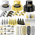 MOVINPE 2026 New Years Eve Party Supplies Bulk - Gold Black Slivery Top Hats, Cone Hats, Tiara, Glasses, Bead Necklace, Leis, Horns, Blowouts, Noiese Makers, New Year's Party Favors Event Supplies