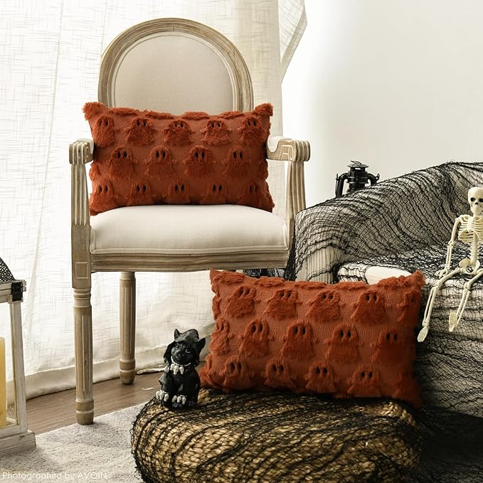 AVOIN colorlife Halloween Ghost Caramel Throw Pillow Cover Set of 2, 12 x 20 Inch Soft Plush Faux Fur Jacquard Spooky Cushion Case Decoration for Sofa Couch