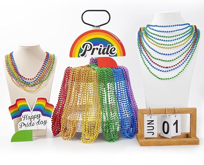 24PCS Pride Necklace Stuff, Rainbow Beads Pride Accessories, 6 Kinds of Metallic Rainbow Beads Bulk, Gay Lesbian Pride Necklace for Women Men, Costumes Decor for Pride Month Parade Throws Party Favors
