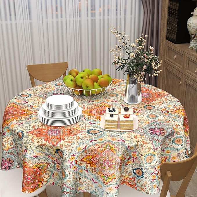 Boho Round Tablecloth Colorful Bohemian Circle Table Cloth 70 Inch Vintage Rustic Farmhouse Table Cover Washable Polyester Indoor Decorations for Home Kitchen Dinning Party