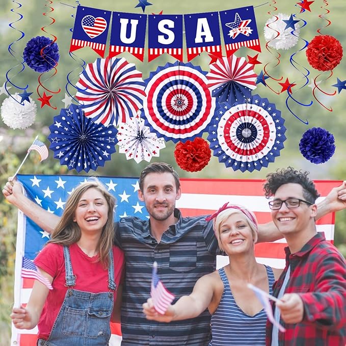 4th of July Patriotic Party Decorations, 6 Paper Fan, 6 Flower Ball, 1 USA Swallowtail Flag, 1 USA Pennant Flag, 1 Star Streamer, 6 Swirl, Independence Day, Memorial Day, Veterans Day Decor Supplies