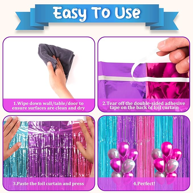 2 Pack Blue Purple Pink Foil Fringe Backdrop Curtains, Tinsel Streamers Party Decorations, Fringe Backdrop, Door Shimmer for Mermaid or Birthday Party
