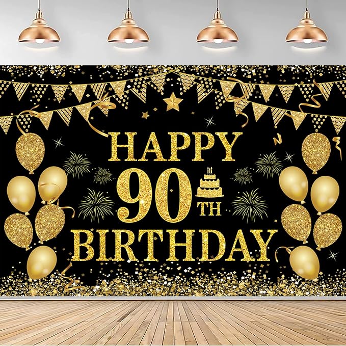 90th Birthday Decorations for Women Men - Happy 90th Birthday Banner Decorations Black Gold Welcome Background Sign for Cheers 90 Years Birthday Party Supplies Decor Indoor Outdoor (71 x 45 inch) ﻿