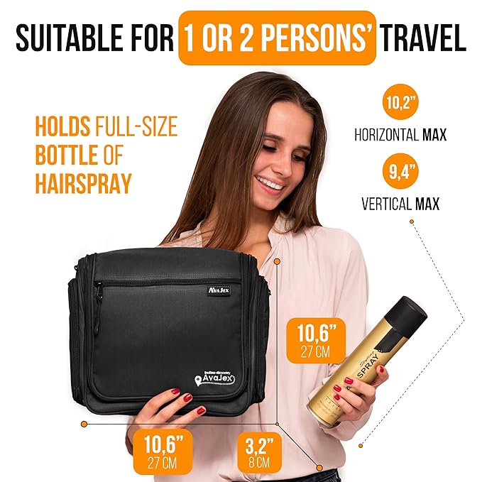 Travel Toiletry Bag for Men and Women - (10.6”x10.6”x3.2”) Large Hanging Toiletry Organizer - Waterproof Hygiene Bag with Metal XXL Swivel Hook, with Sturdy Zippers and 19 Compartments for Toiletries