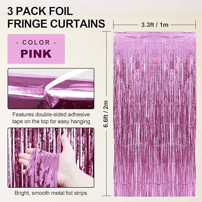 Homiest 3 Pack Pink Tinsel Backdrop, 3.3x6.6 FT Metallic Tinsel Foil Fringe Curtains Party Decorations, Birthday Door Streamers for Baby Shower Wedding, Photo Booth Props Background Wall Decor