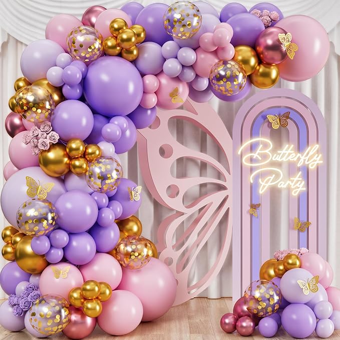 ALL-IN-1 Pink and Purple Balloon Arch Kit & Garland with BONUS Gold Butterfly Balloon Arch Kit – Pastel Pinks and Purples balloons for Girl Pink and Purple Party Decorations or Baby Shower Decorations