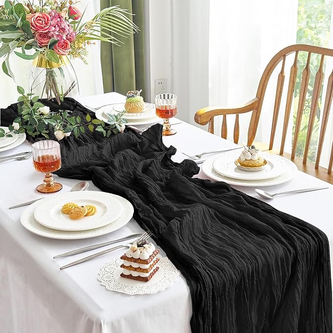IVAPUPU 2 Pcs Cheesecloth Table Runner - 10ft Black Easter Spring Boho Gauze Black Cheese Cloth Table Runners for Indoor Baby Shower Decoration Wedding Party Garden Decor