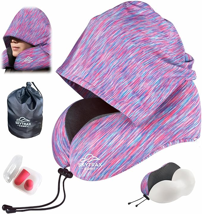Travel Pillow with Extra Large Hood for Airplane Long Flights Privacy and Comfort Memory Foam with Skin-Friendly Cover for Road Trip Head&Neck Support for Plane Office Cars Sleeping & Rest(Colorful)
