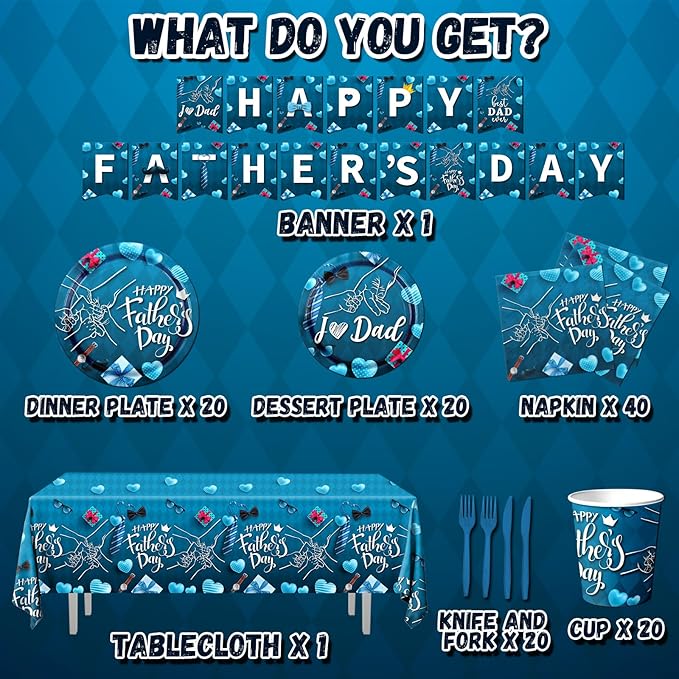 Happy Father's Day Tableware Set - 142pcs with Plates, Napkins, Tablecloth, Cups & Supplies for 'I Love Dad' Party Decoration